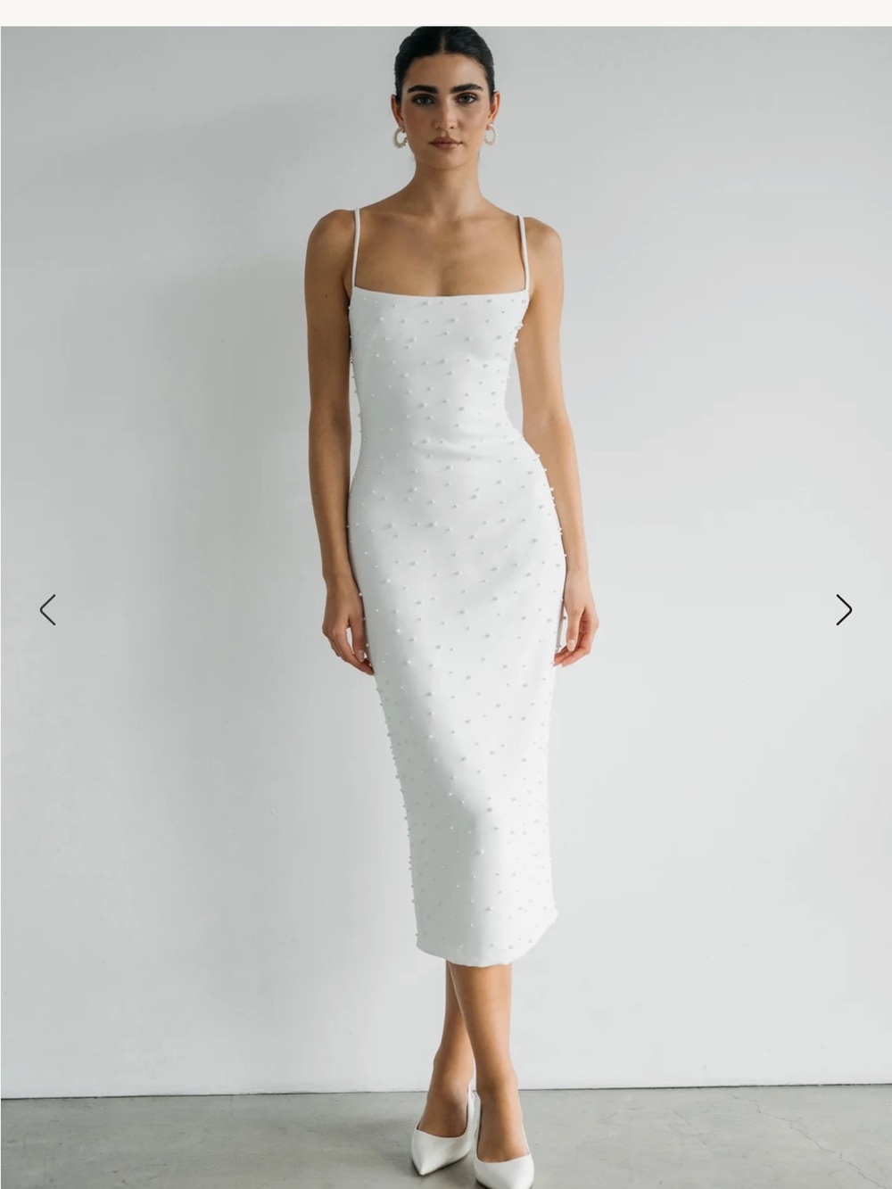Jenny Yoo Oksana White Beaded Slip Midi Dress with Spaghetti Straps, Size 2